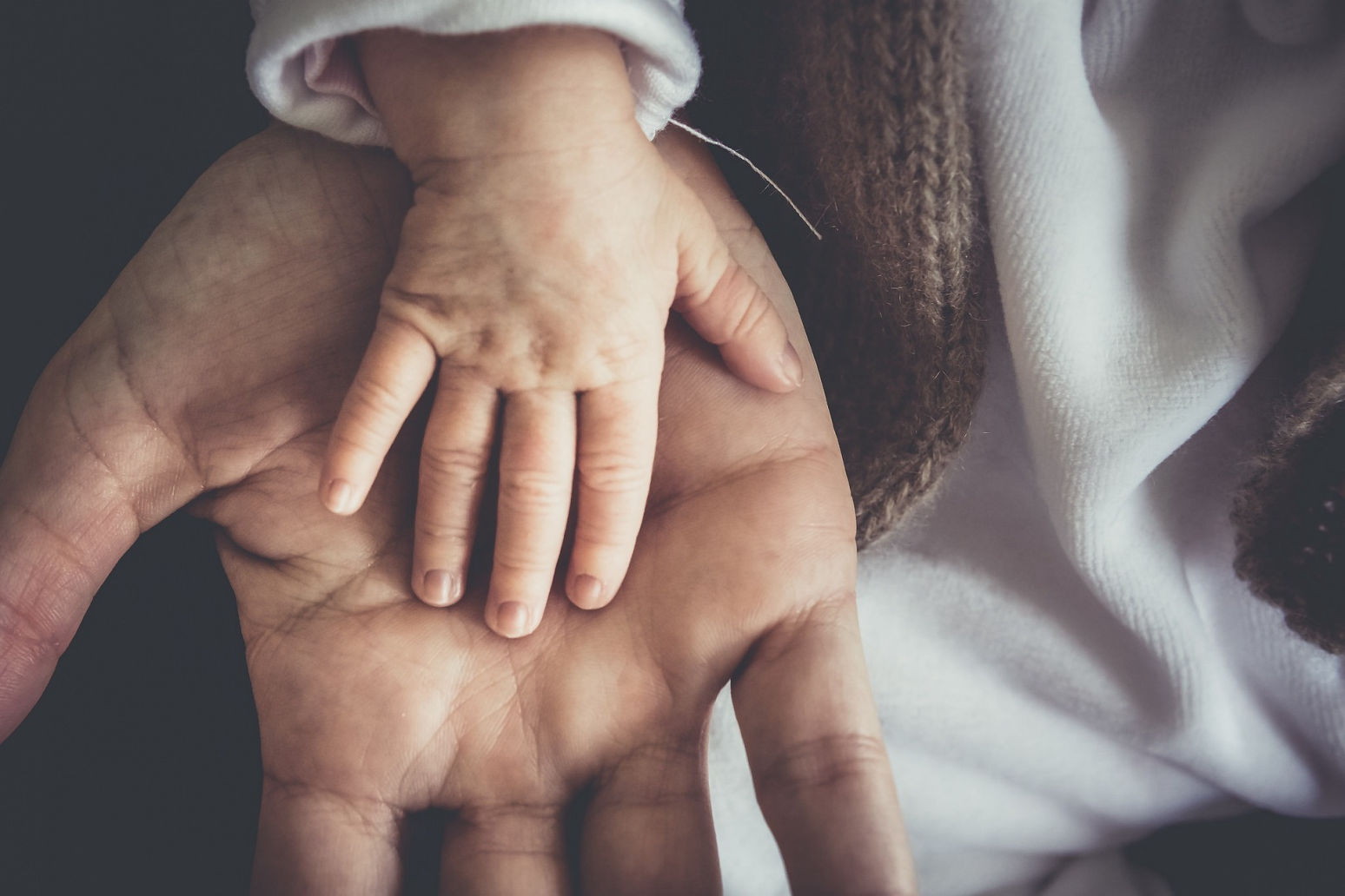 A grown up person's hand holding a toddler's hand offering support
